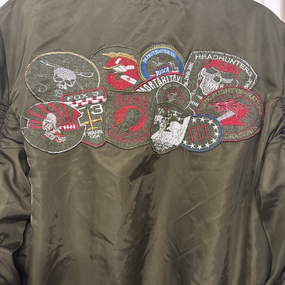 American Stitch Military Bomber Jacket Aviation Patches Ruched Sz M Green Unisex - Picture 5 of 8